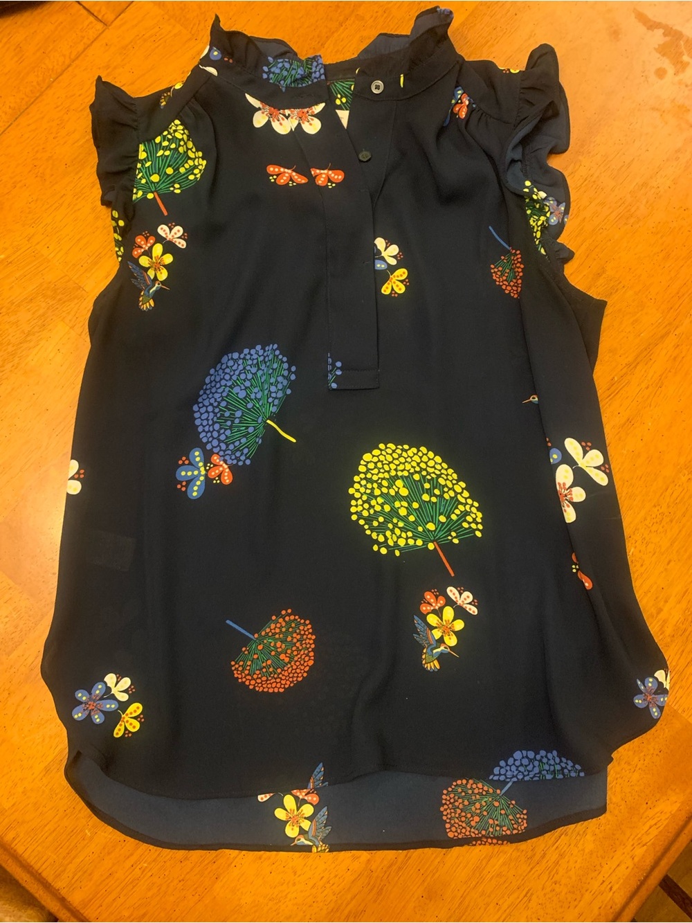 LOFT Navy Floral Flutter Sleeve Shell with Multicolor Prints